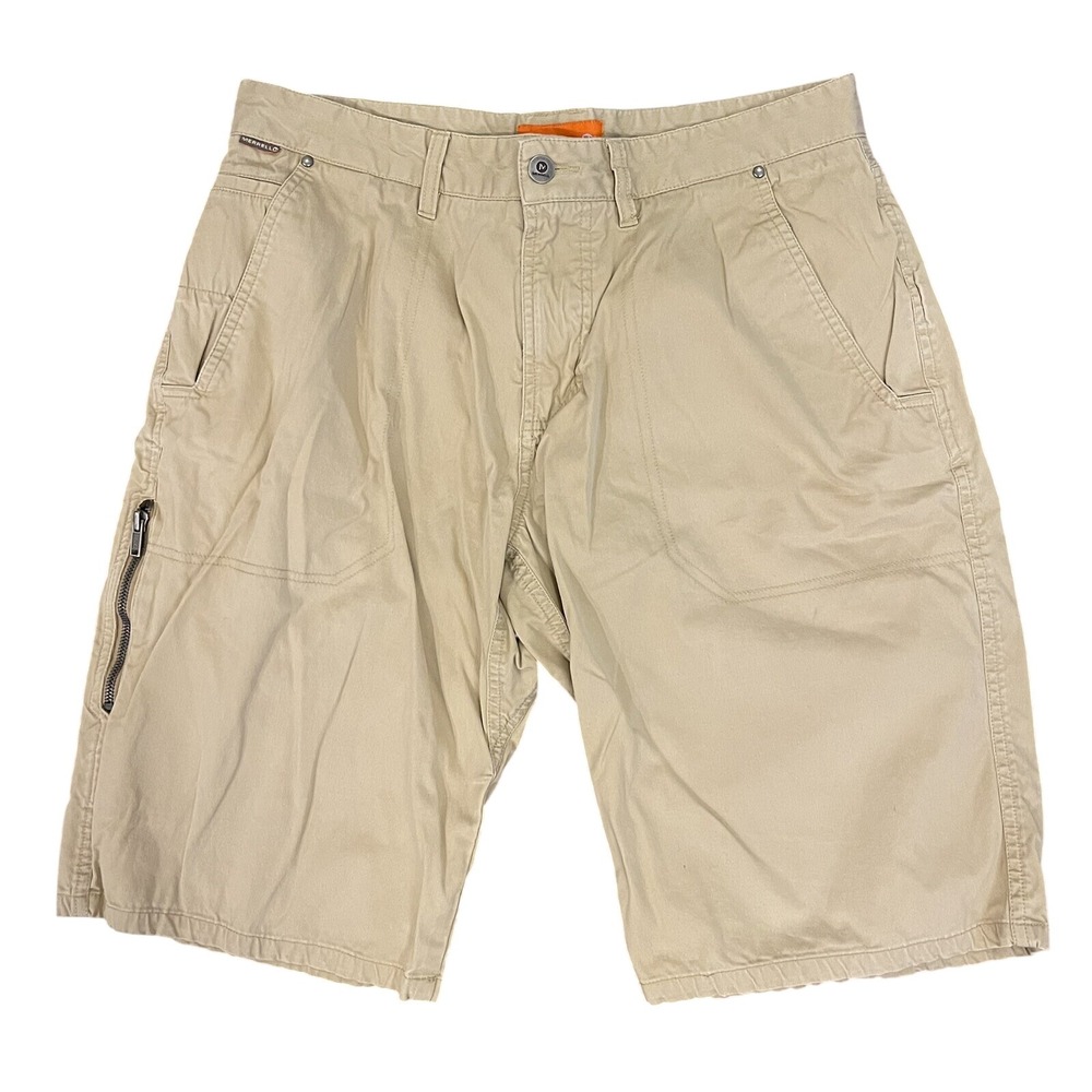 Merrell Shorts Mens 32L Tan Khaki Cargo Hiking Outdoor Cotton Zipper Pocket
